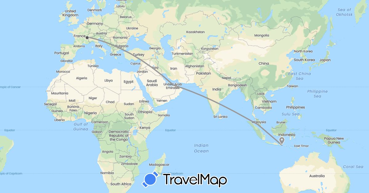 TravelMap itinerary: driving, plane, motorbike in United Arab Emirates, Switzerland, France, Indonesia, Malaysia (Asia, Europe)